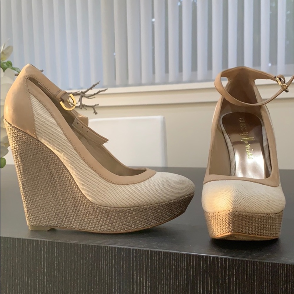 Guess by Marciano Cream and tan wedges